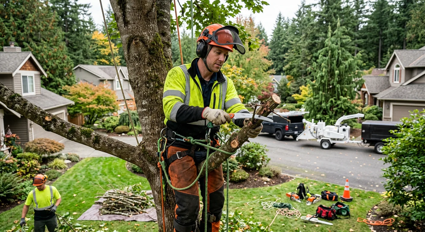 Certified arborist inspecting a leaning backyard tree for hazards in Bothell