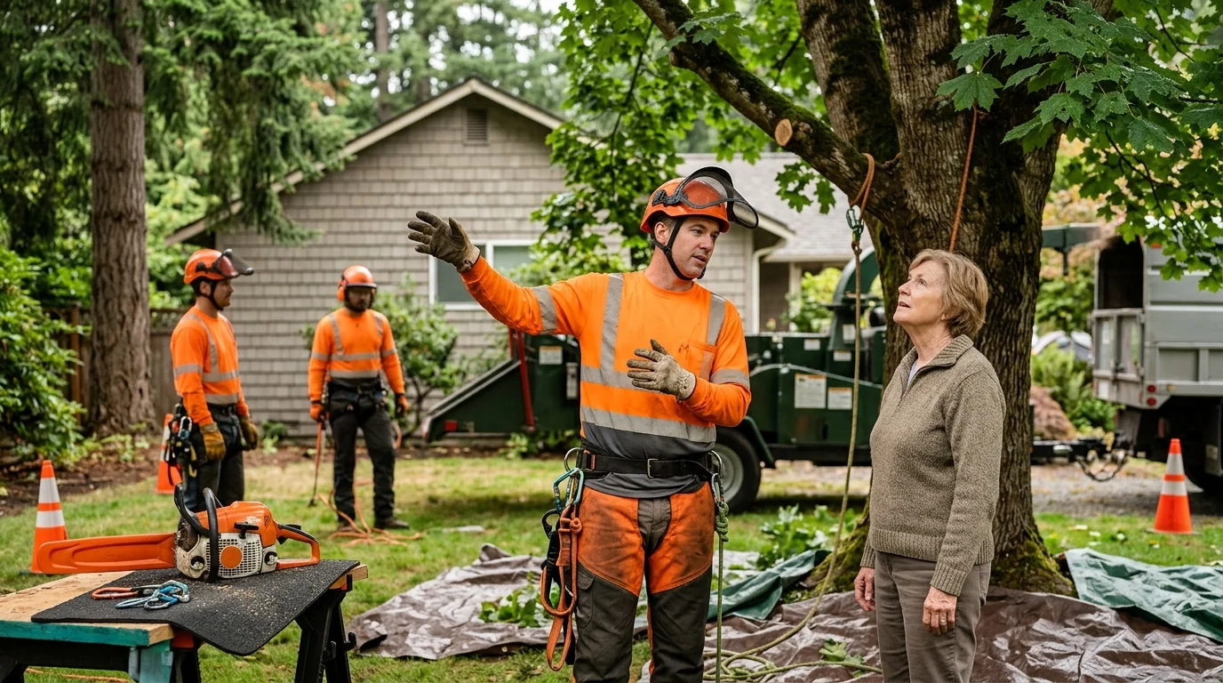 Arborist checking trunk for decay and structural cracks
