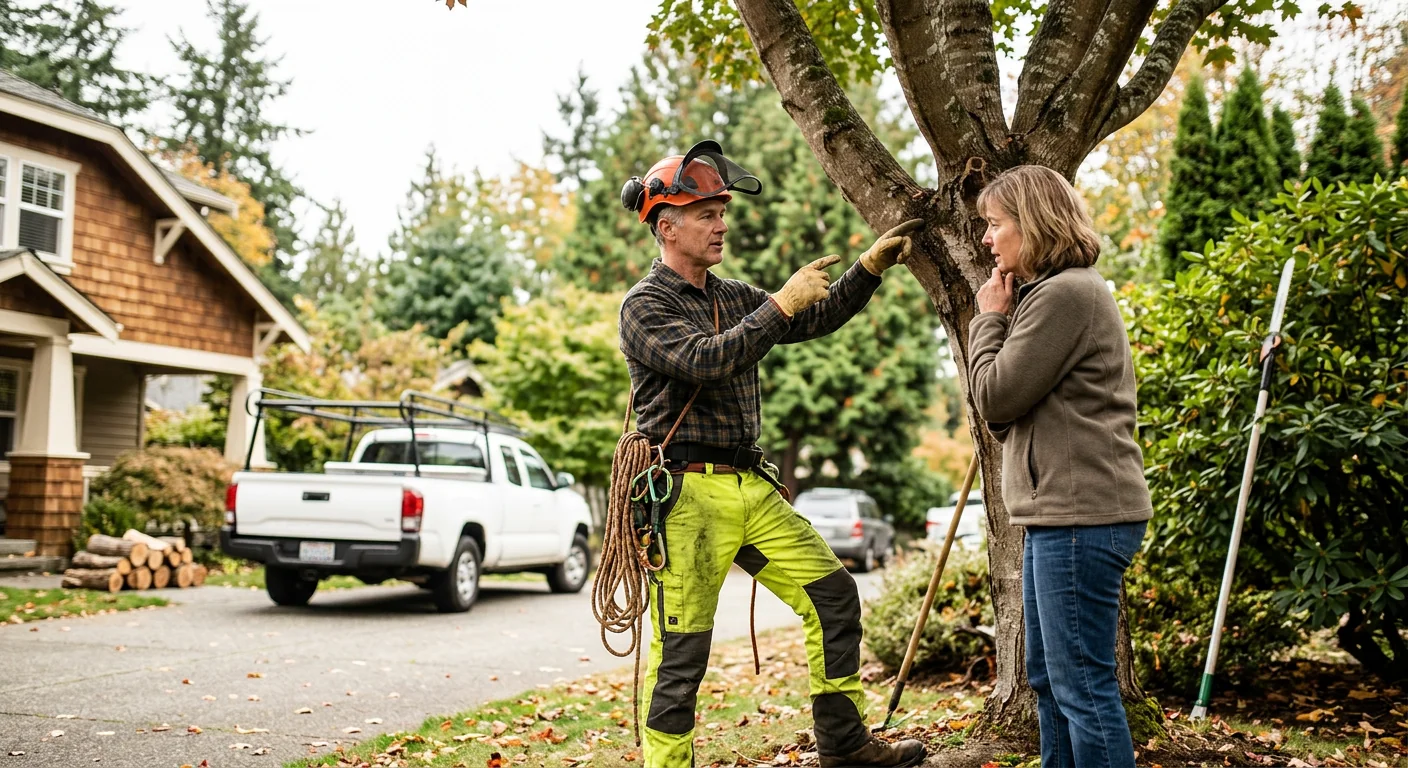 Certified arborist inspecting a tall conifer for structural defects in a Bothell yard