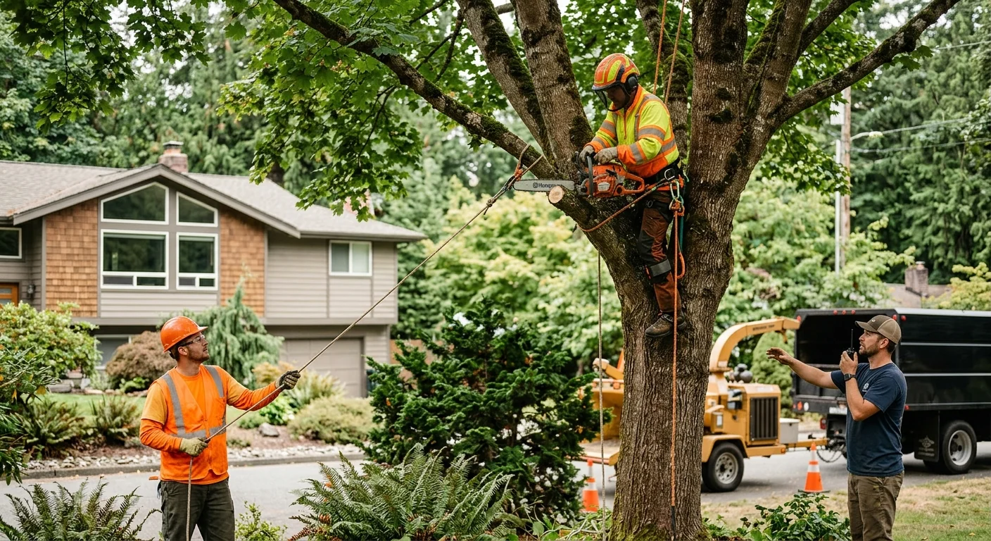 Trained technician inspecting a tall tree canopy for structural risk in Bothell