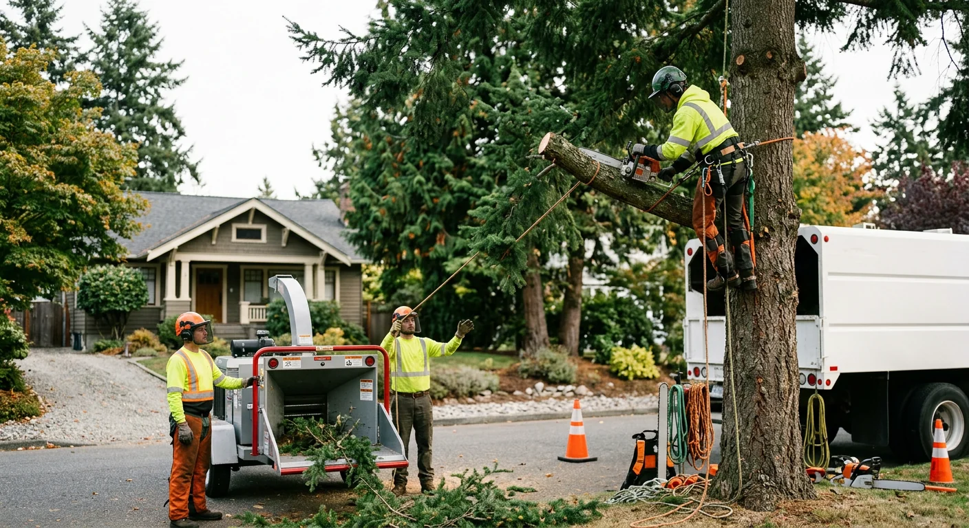 Tree service crew reviewing a written estimate with a homeowner in a Bothell yard