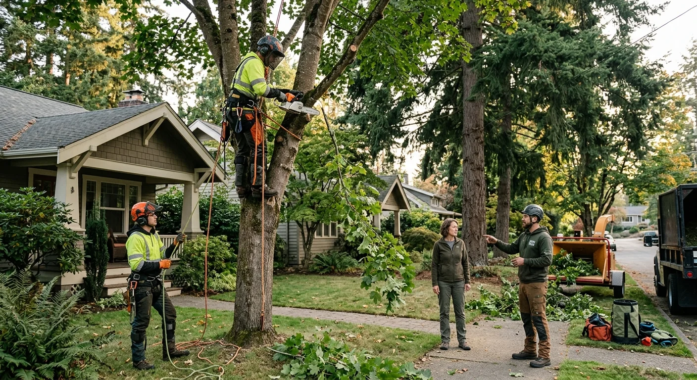 Arborist reviewing a written tree service estimate with a Bothell homeowner outdoors
