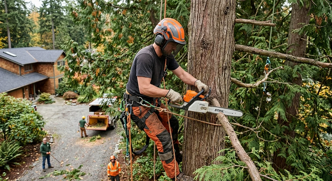 Tree service crew reviewing an estimate with a Bothell homeowner in the yard