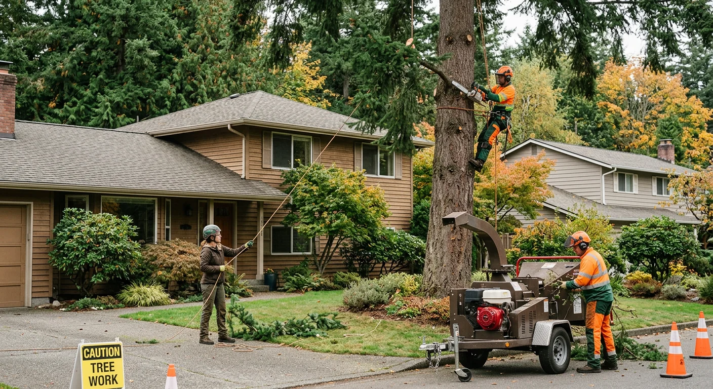Trained crew safely rigging a large tree near a Bothell home during removal