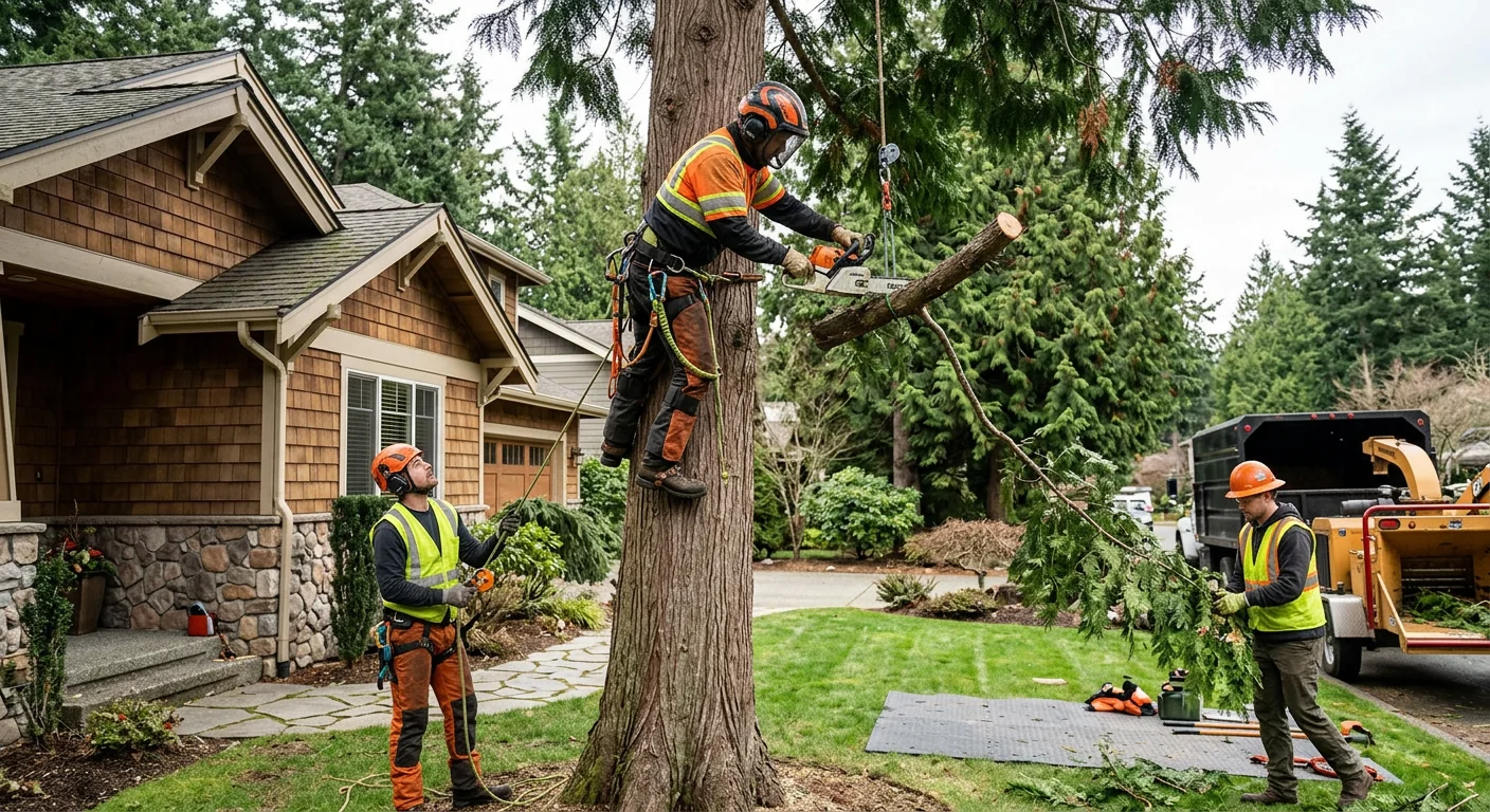 Arborist performing a careful controlled tree removal near a Bothell home