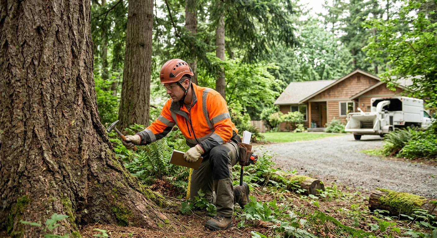 Trained technician inspecting a large conifer for structural risk in Bothell