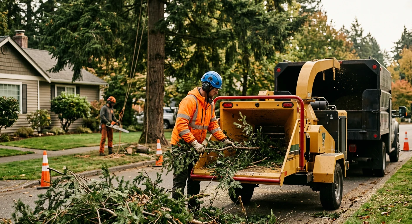 Arborist assessing a tall backyard tree before a trimming estimate