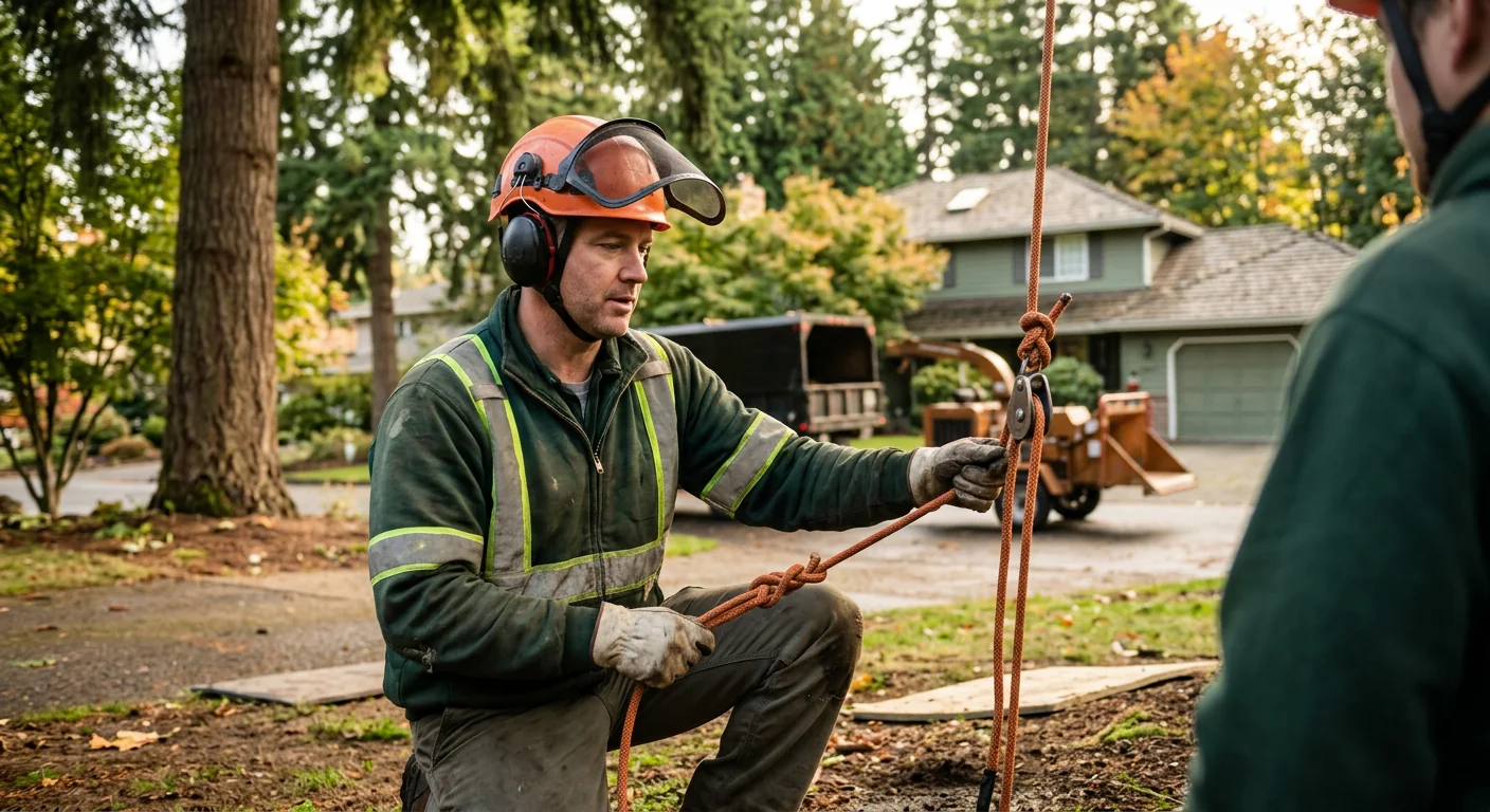 Certified arborist trimming a leafy tree canopy in a Bothell backyard