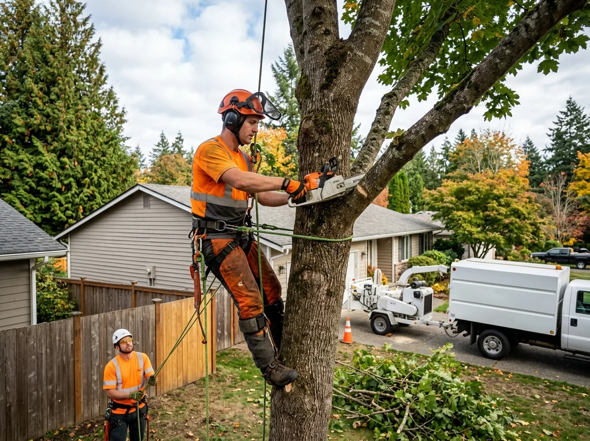 Trained technician shaping branches with pruning tools