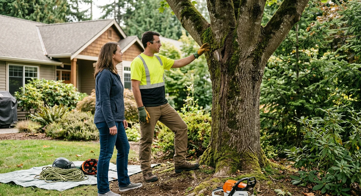 Arborist making a careful pruning cut on a mature tree in a Bothell yard