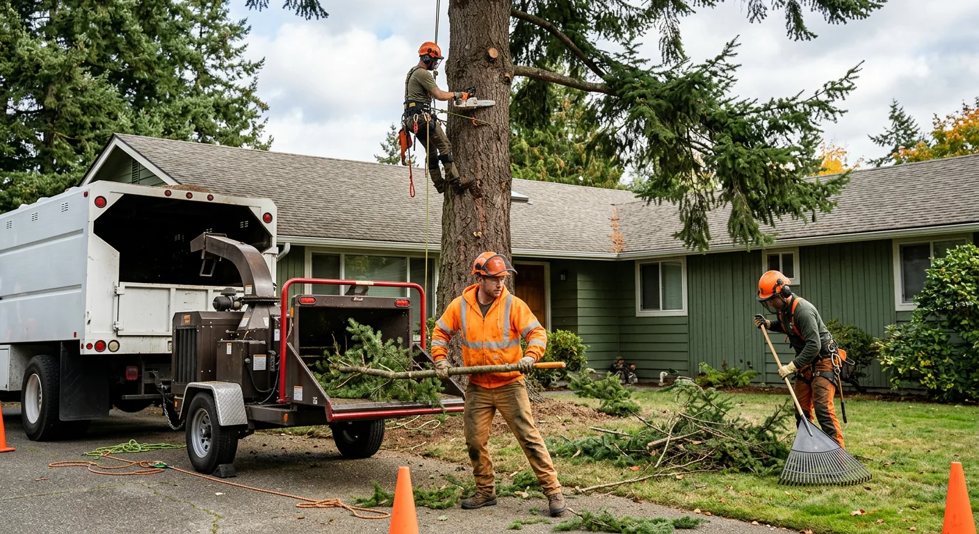 Trained climber making careful pruning cuts on a residential tree in Bothell